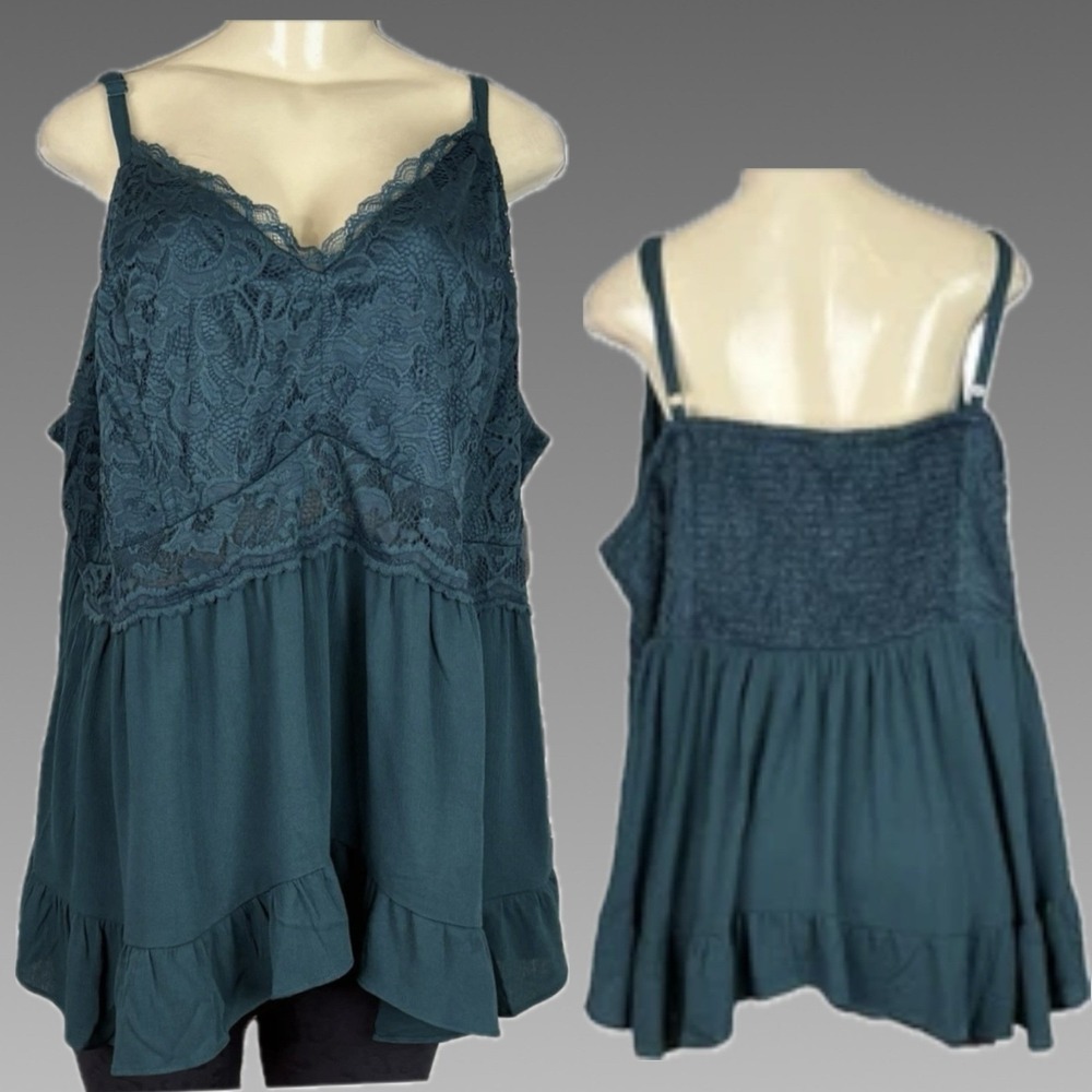 Torrid 4X Deep Teal Floral Lace Gauze Smocked Back Babydoll Camisole Tank Top
